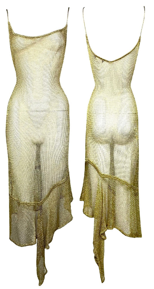 S/S 2001 John Galliano Sheer Gold Knit Faux Chainmail Asymmetrical Bodycon Dress