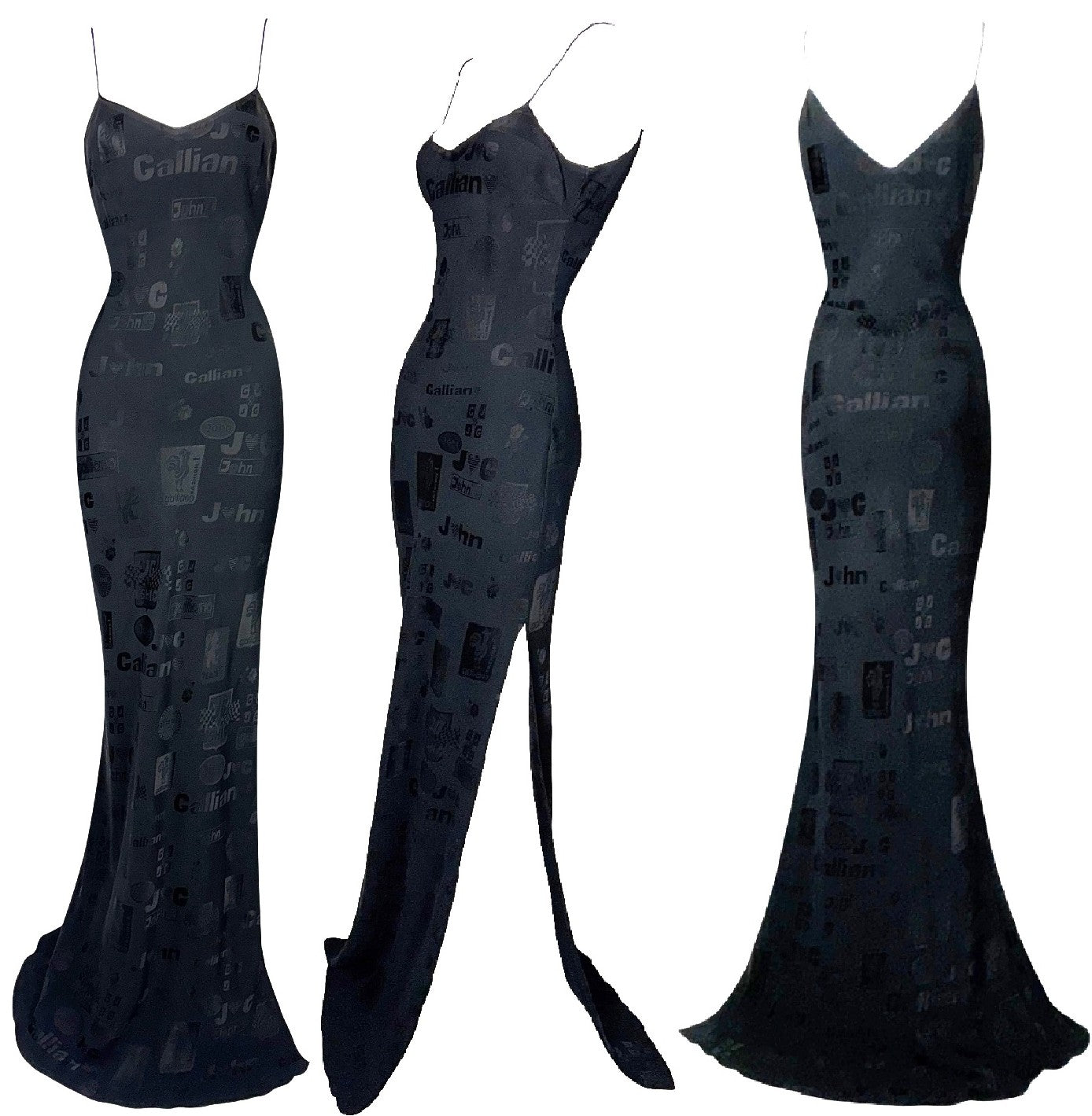 S/S 2001 John Galliano Black Formula One Car Racing Logo Print Extra Long Maxi Dress w High Slit