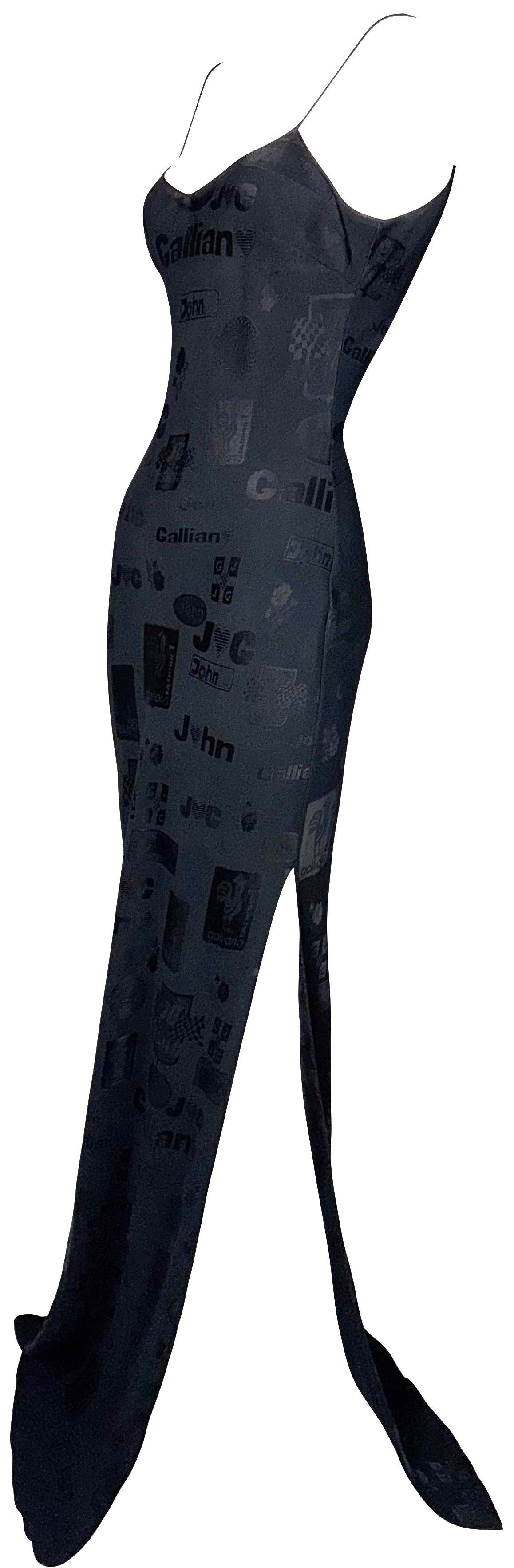 S/S 2001 John Galliano Black Formula One Car Racing Logo Print Extra Long Maxi Dress w High Slit