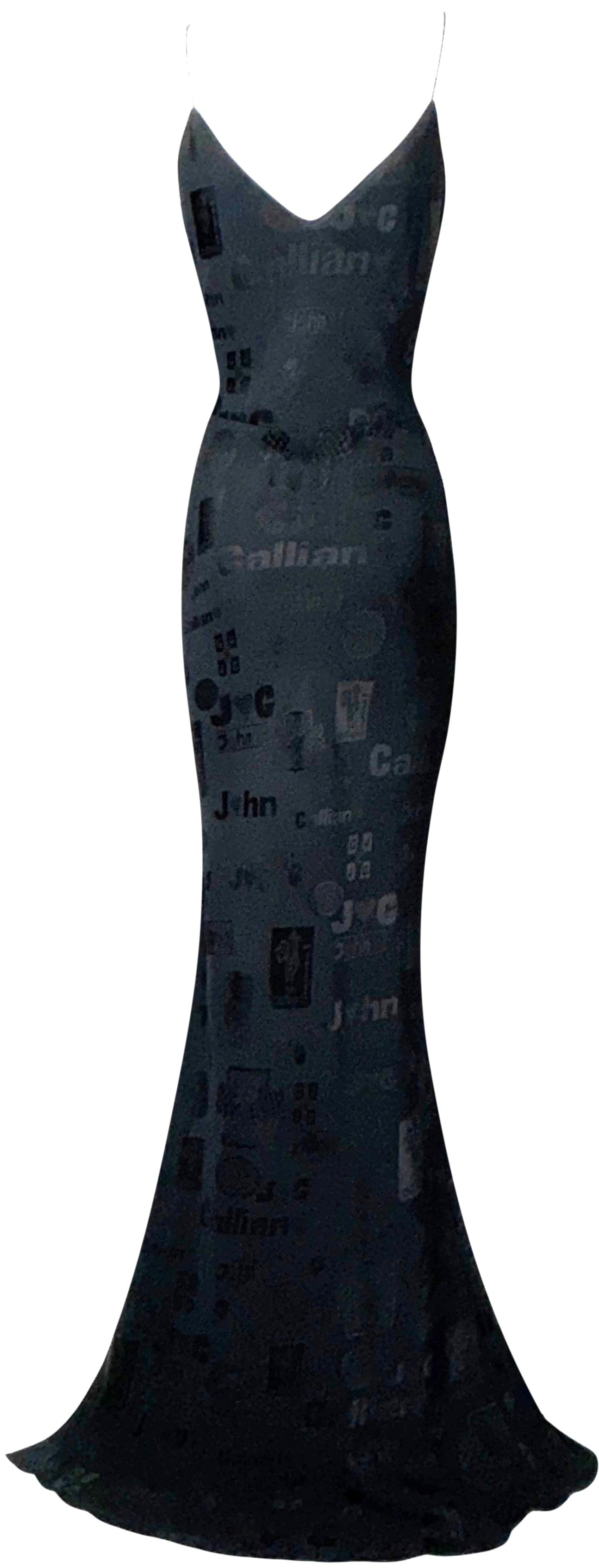 S/S 2001 John Galliano Black Formula One Car Racing Logo Print Extra Long Maxi Dress w High Slit
