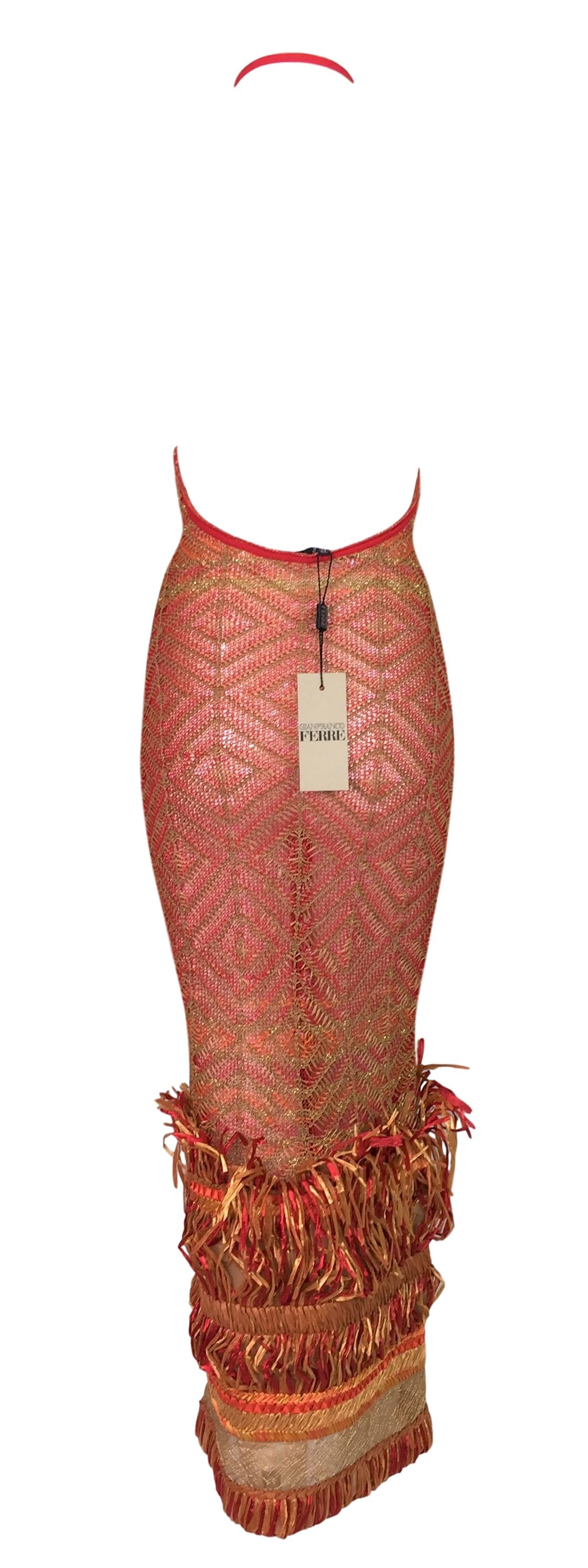 NWT S/S 2001 Gianfranco Ferre Sheer Red Mesh Raffia Plunging Wiggle Maxi Dress