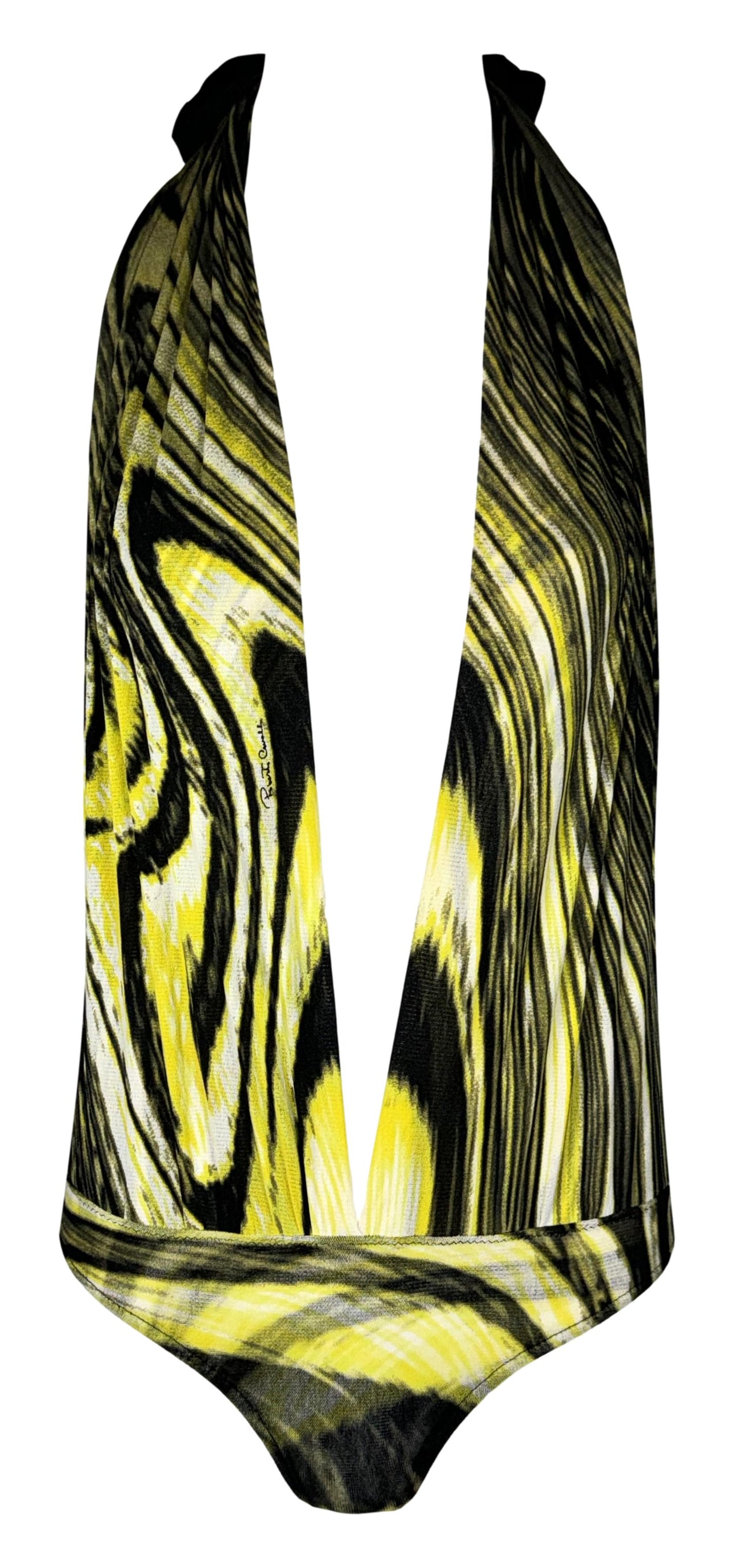 S/S 2001 Roberto Cavalli Black & Yellow Plunging Mesh Halter Bodysuit Top