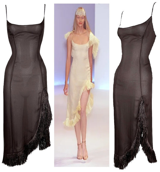 S/S 2001 Thierry Mugler Couture Runway Sheer Brown Silk High Slit Straw Dress