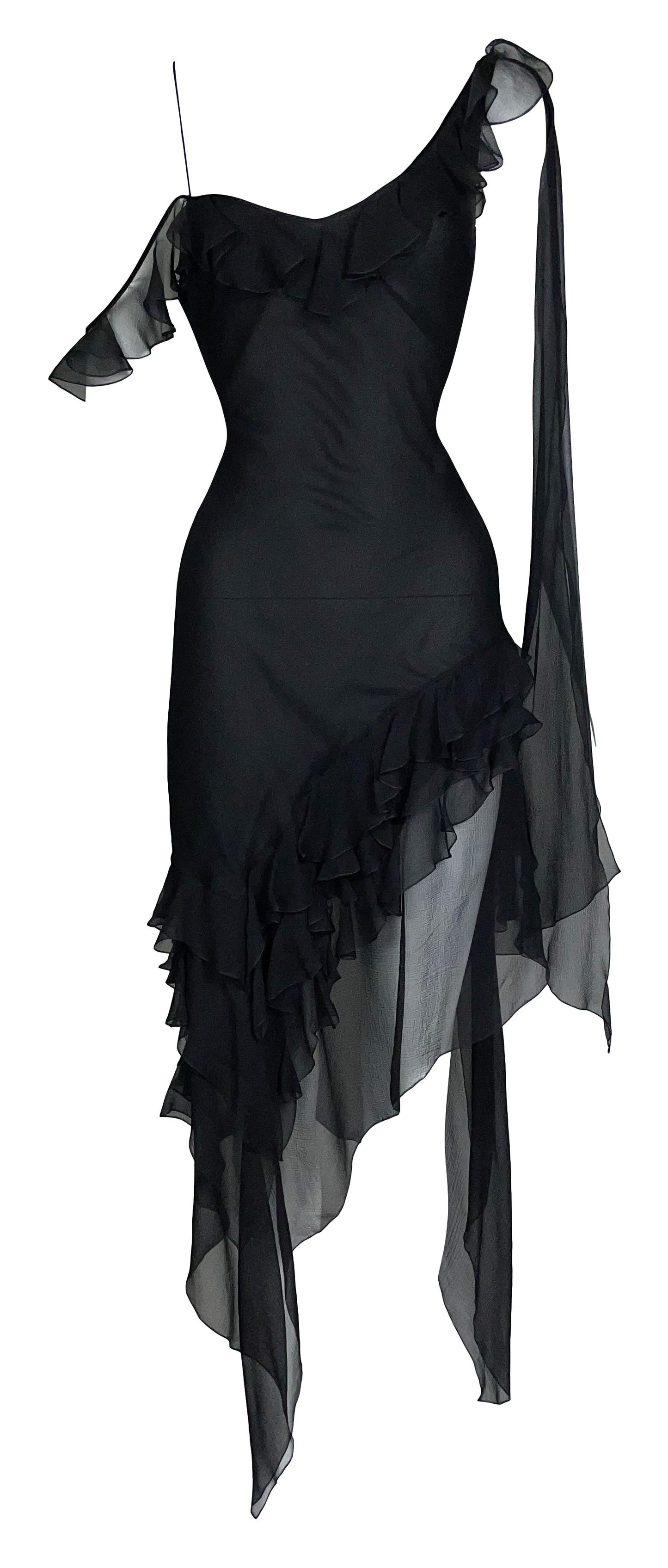 S/S 2002 John Galliano Sheer Black Silk Off Shoulder Asymmetrical Dress w Sash
