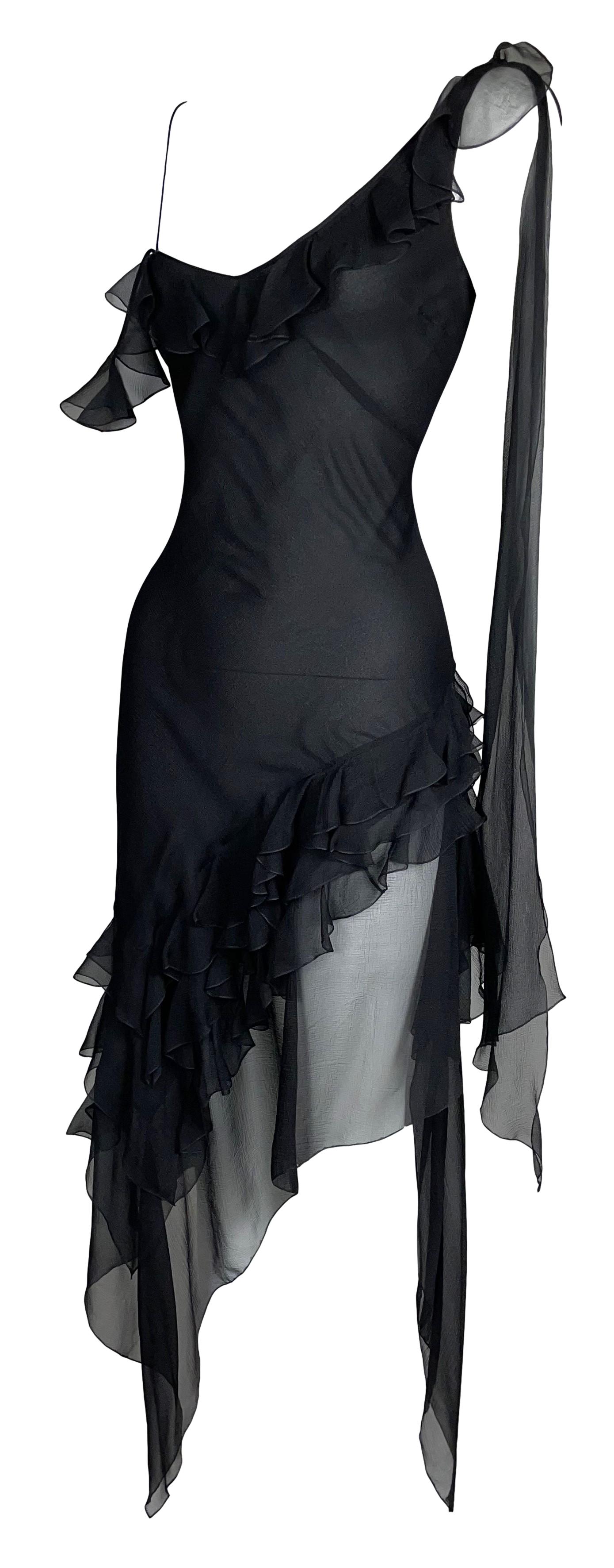 S/S 2002 John Galliano Sheer Black Silk Off Shoulder Asymmetrical Dress w Sash