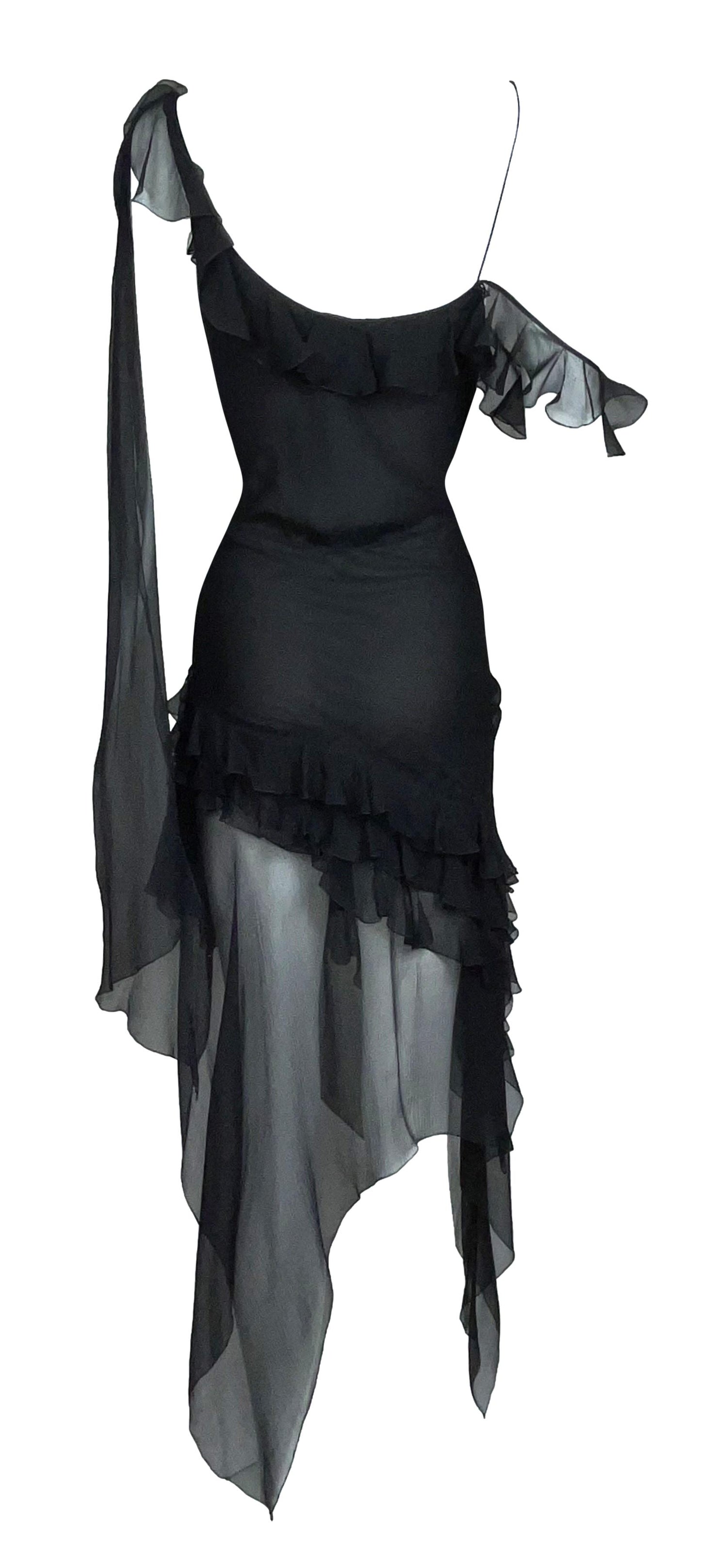 S/S 2002 John Galliano Sheer Black Silk Off Shoulder Asymmetrical Dress w Sash