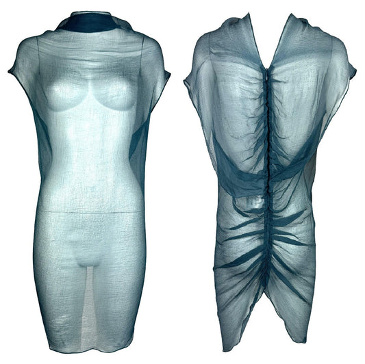 S/S 2003 Alexander McQueen Sheer Teal Silk Mini Dress