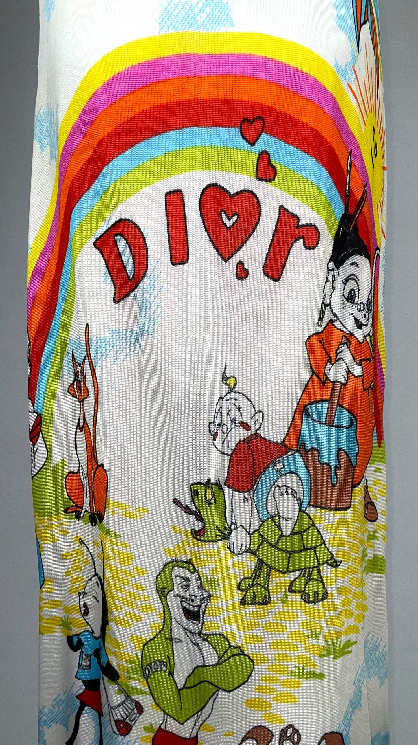 2002 Christian Dior by John Galliano EXTREMELY RARE Cartoon Print Suspender High Slit Maxi Dress
