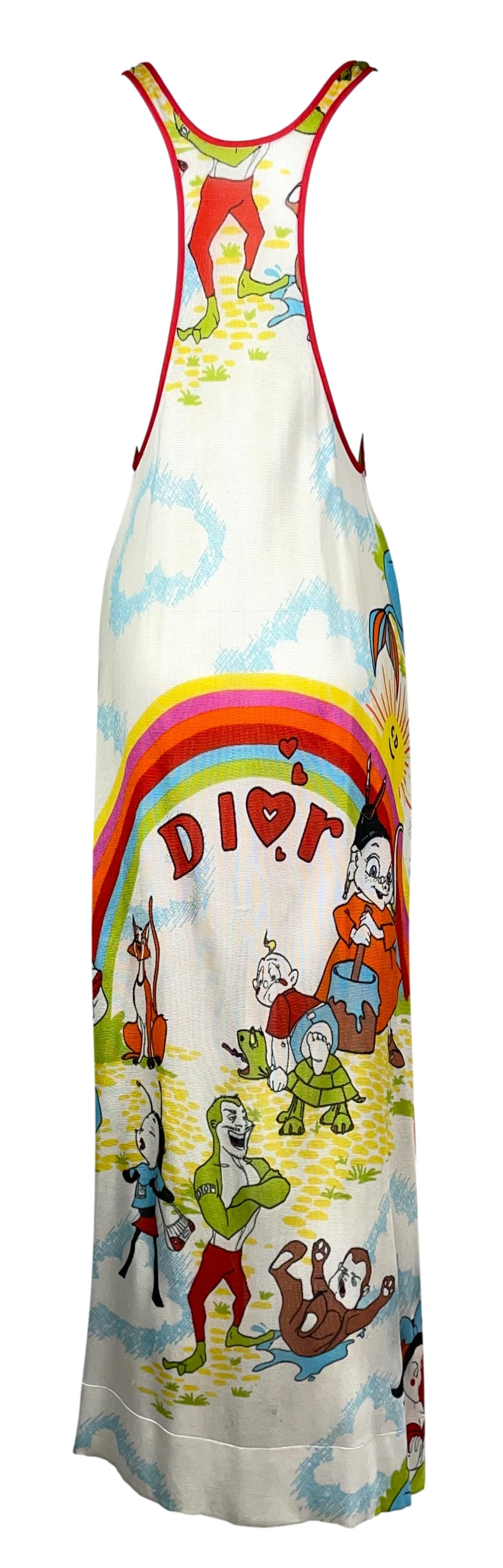 2002 Christian Dior by John Galliano EXTREMELY RARE Cartoon Print Suspender High Slit Maxi Dress