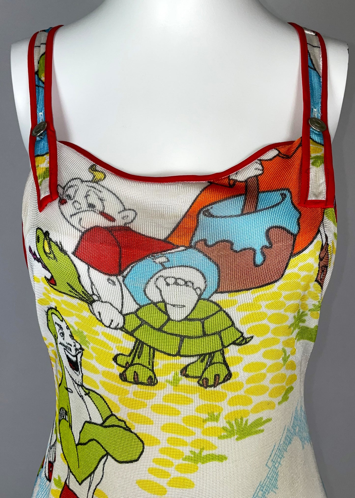 2002 Christian Dior by John Galliano EXTREMELY RARE Cartoon Print Suspender High Slit Maxi Dress