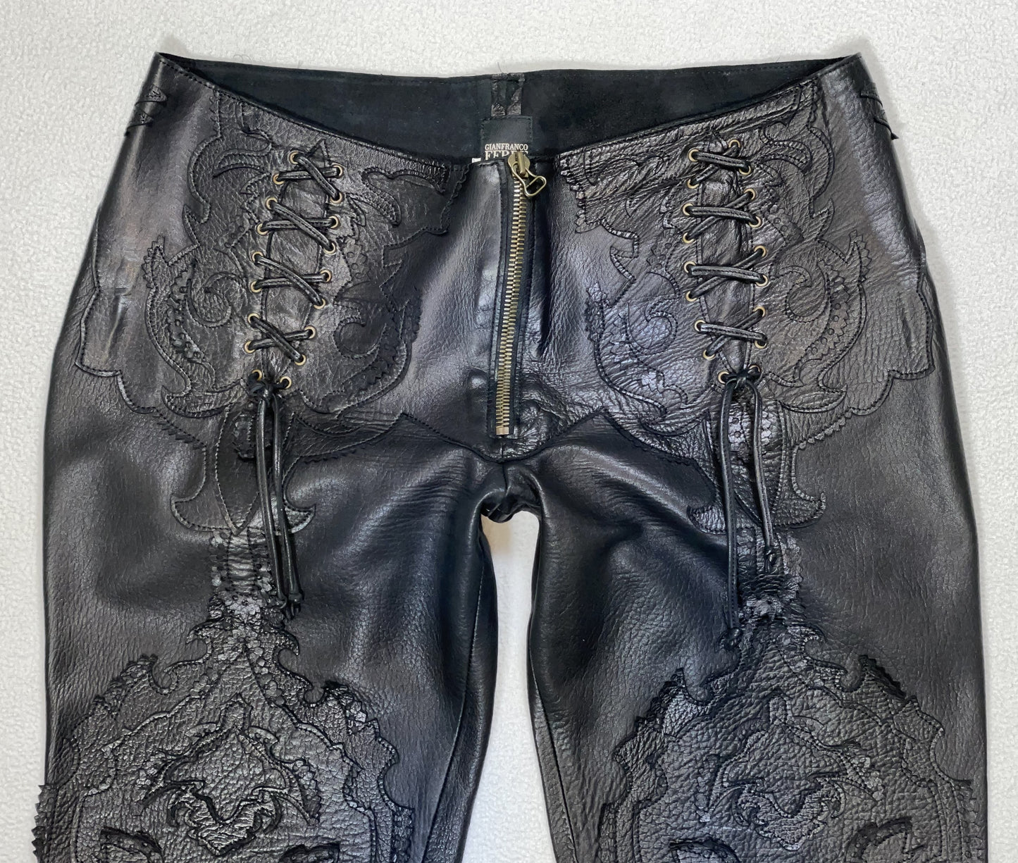 C. 2002 Gianfranco Ferre Black Rocker Western Low Rise Leather Pants
