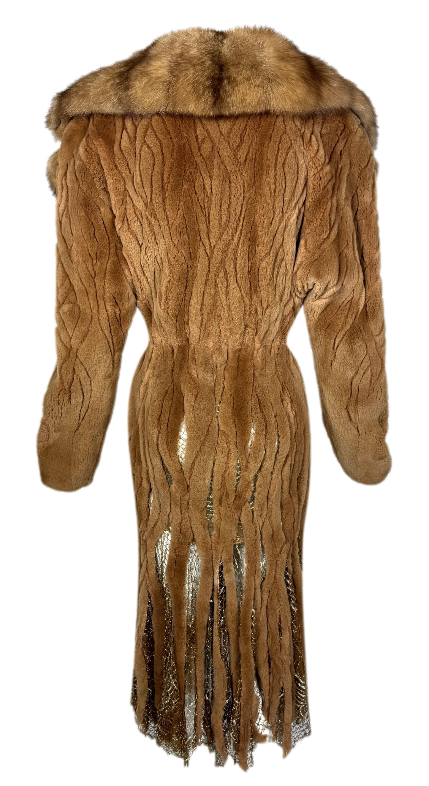 F/W 2002 Atelier Versace Runway Haute Couture Sable Fur & Sheer Lace Plunging Dress Coat