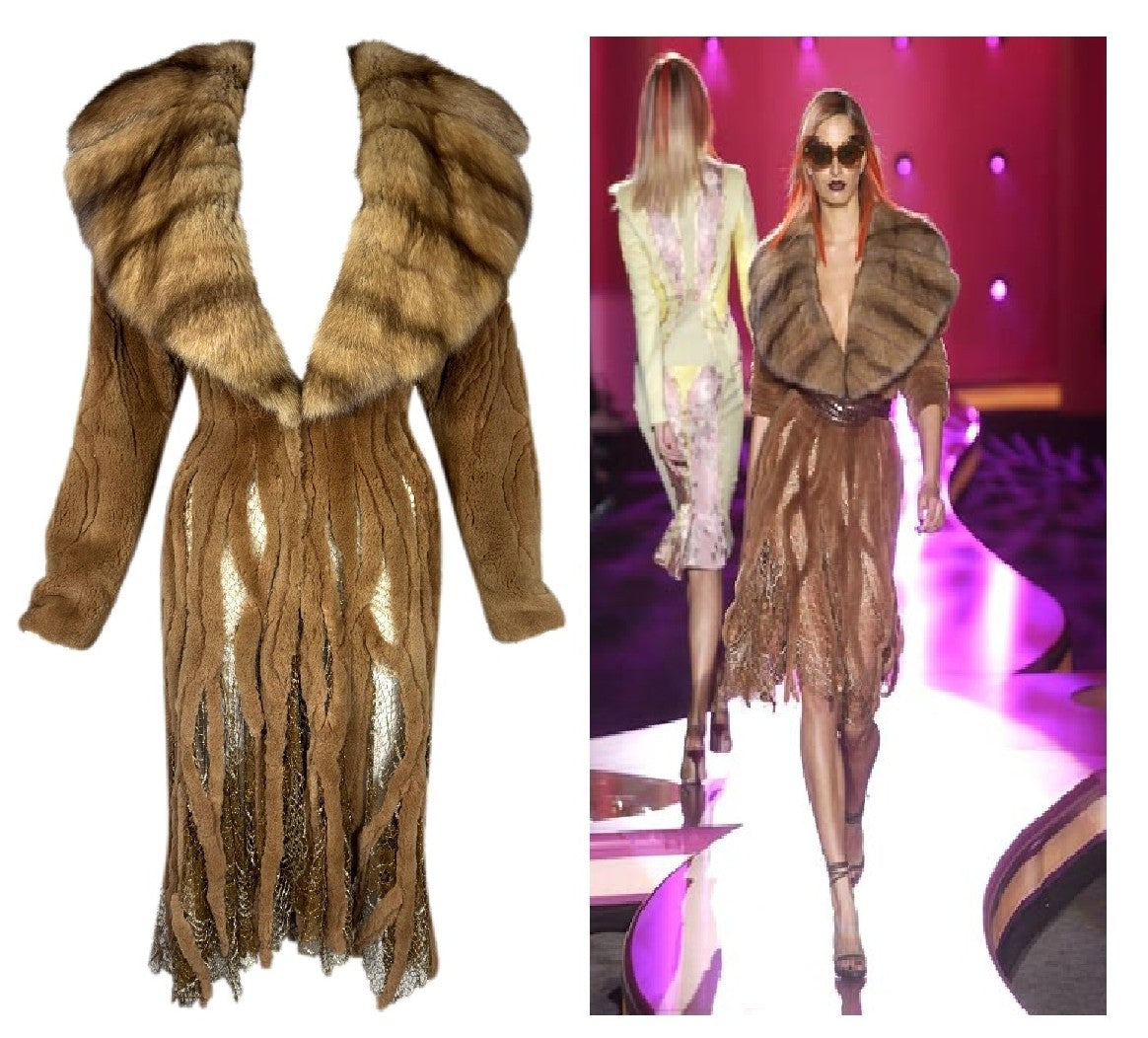 F/W 2002 Atelier Versace Runway Haute Couture Sable Fur & Sheer Lace Plunging Dress Coat