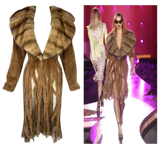 F/W 2002 Atelier Versace Runway Haute Couture Sable Fur & Sheer Lace Plunging Dress Coat
