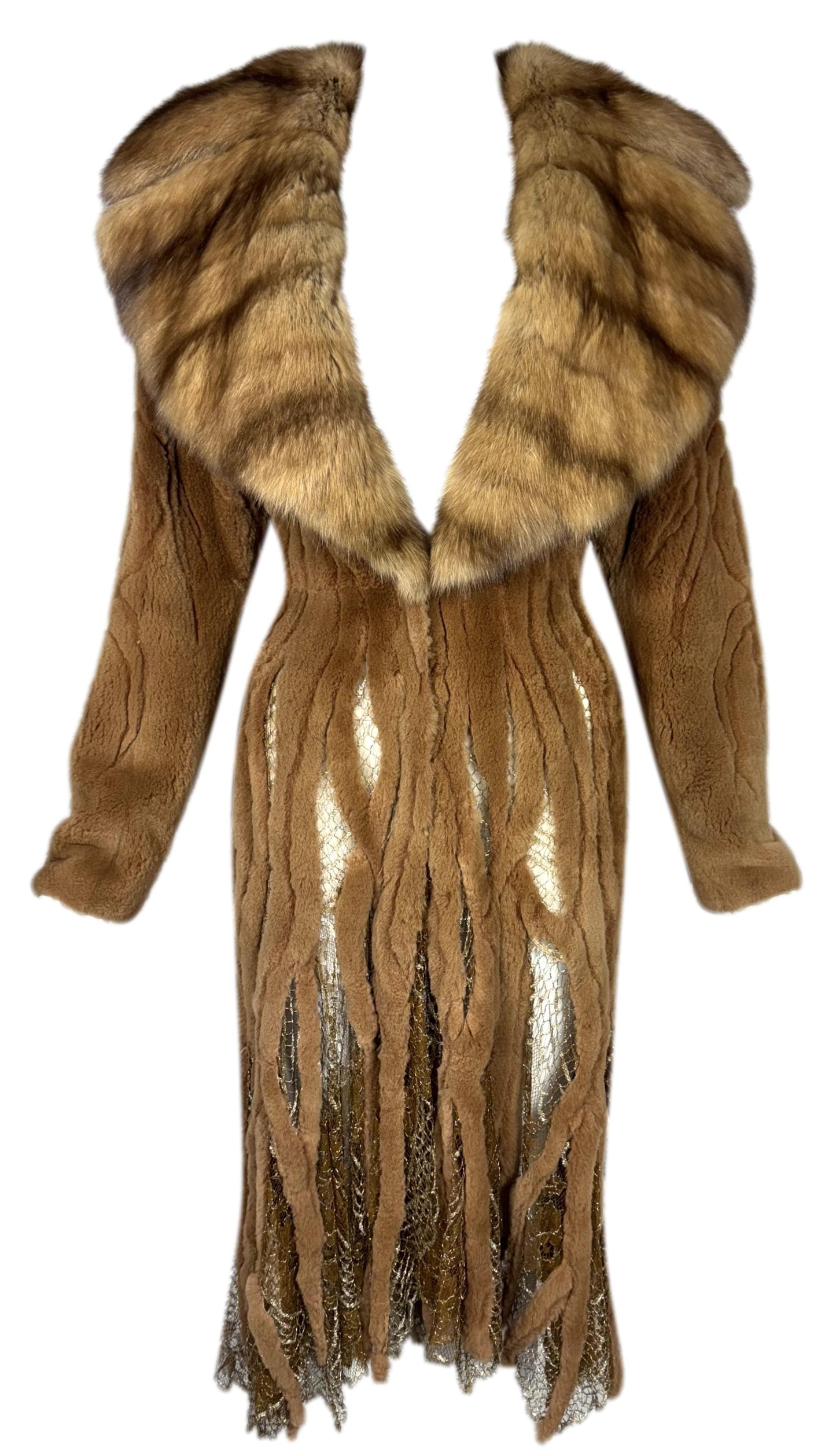 F/W 2002 Atelier Versace Runway Haute Couture Sable Fur & Sheer Lace Plunging Dress Coat
