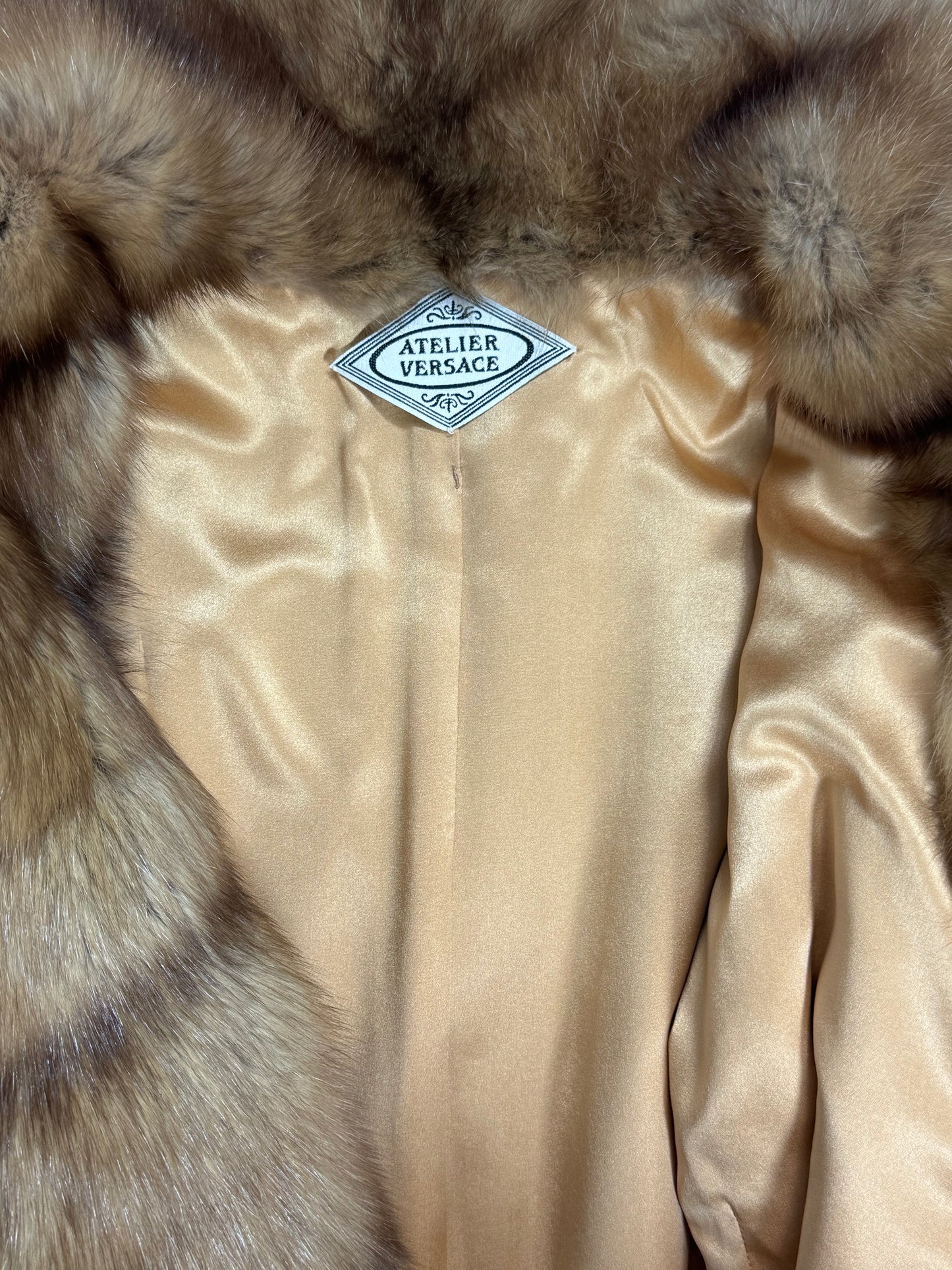 F/W 2002 Atelier Versace Runway Haute Couture Sable Fur & Sheer Lace Plunging Dress Coat