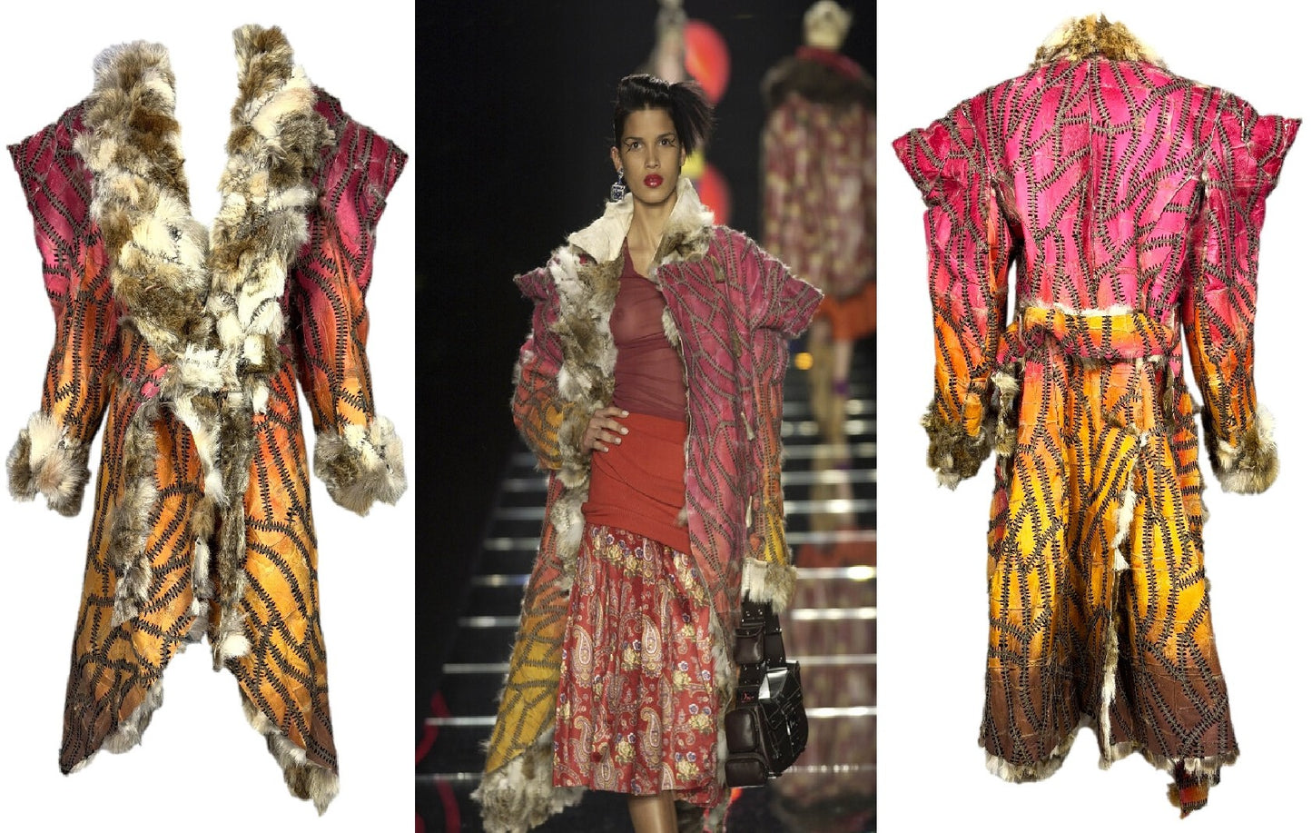 F/W 2002 Christian Dior by John Galliano Runway Hand Made Coyote Fur & Leather Red & Yellow Whipstitch Long Coat Jacket