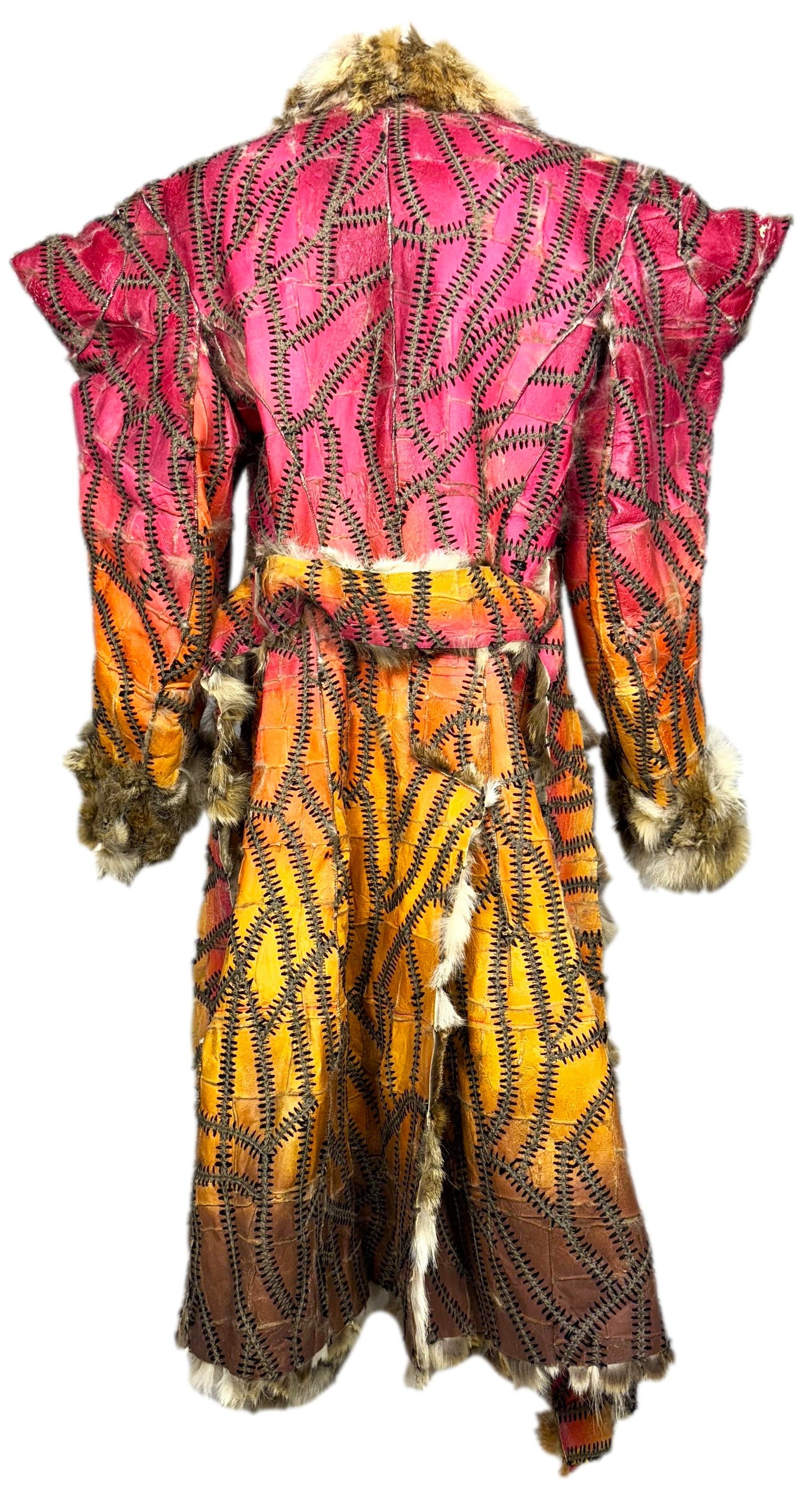 F/W 2002 Christian Dior by John Galliano Runway Hand Made Coyote Fur & Leather Red & Yellow Whipstitch Long Coat Jacket