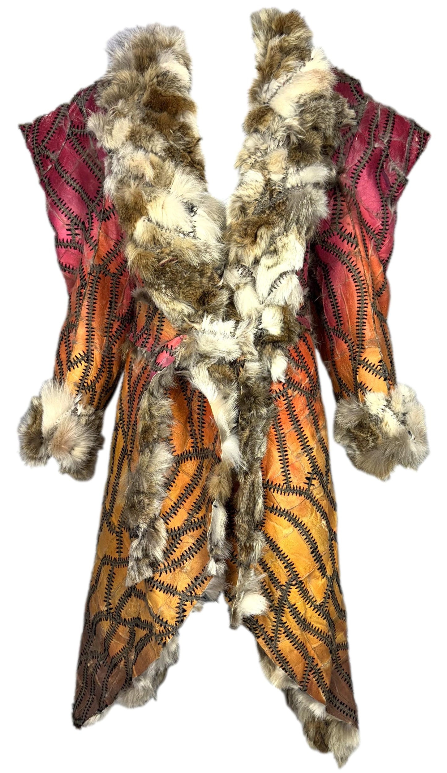 F/W 2002 Christian Dior by John Galliano Runway Hand Made Coyote Fur & Leather Red & Yellow Whipstitch Long Coat Jacket