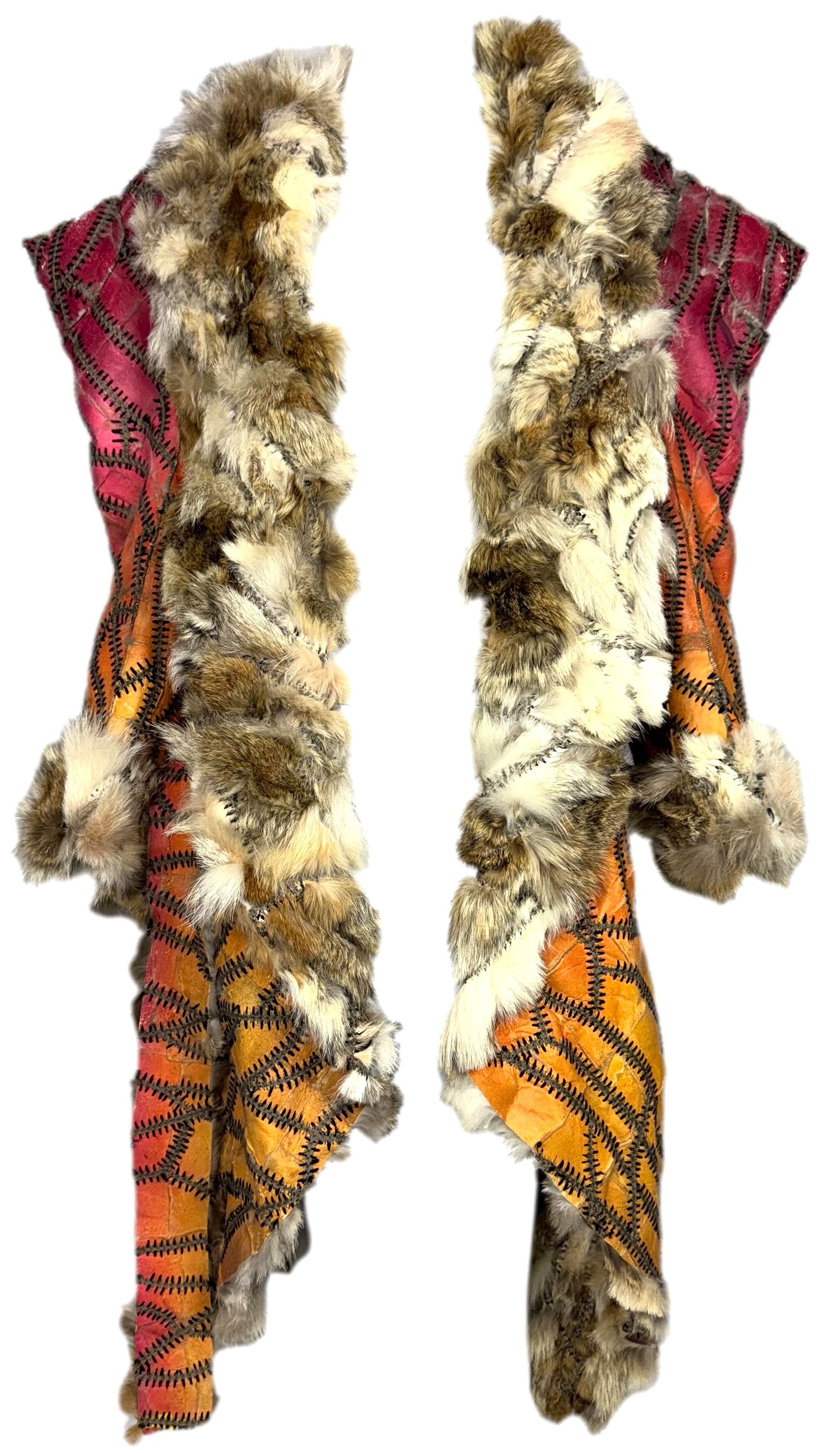 F/W 2002 Christian Dior by John Galliano Runway Hand Made Coyote Fur & Leather Red & Yellow Whipstitch Long Coat Jacket