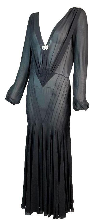 F/W 2002 Christian Dior by John Galliano Sheer Black Silk 1920's Style Plunging Dress