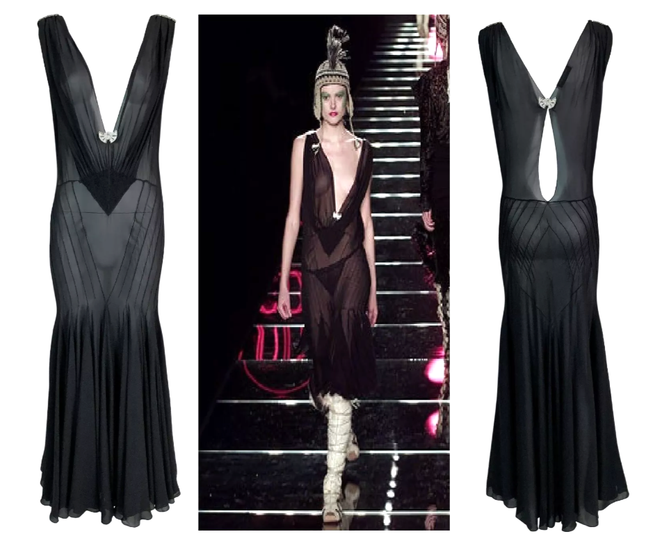 F/W 2002 Christian Dior by John Galliano Runway Plunging 1920's Style Sheer Black Silk Mermaid Maxi Dress