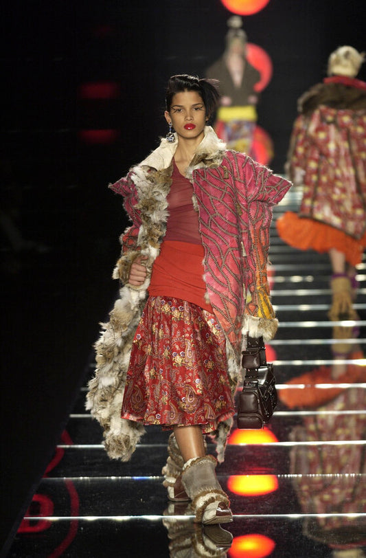 F/W 2002 Christian Dior by John Galliano Runway Hand Made Coyote Fur & Leather Red & Yellow Whipstitch Long Coat Jacket