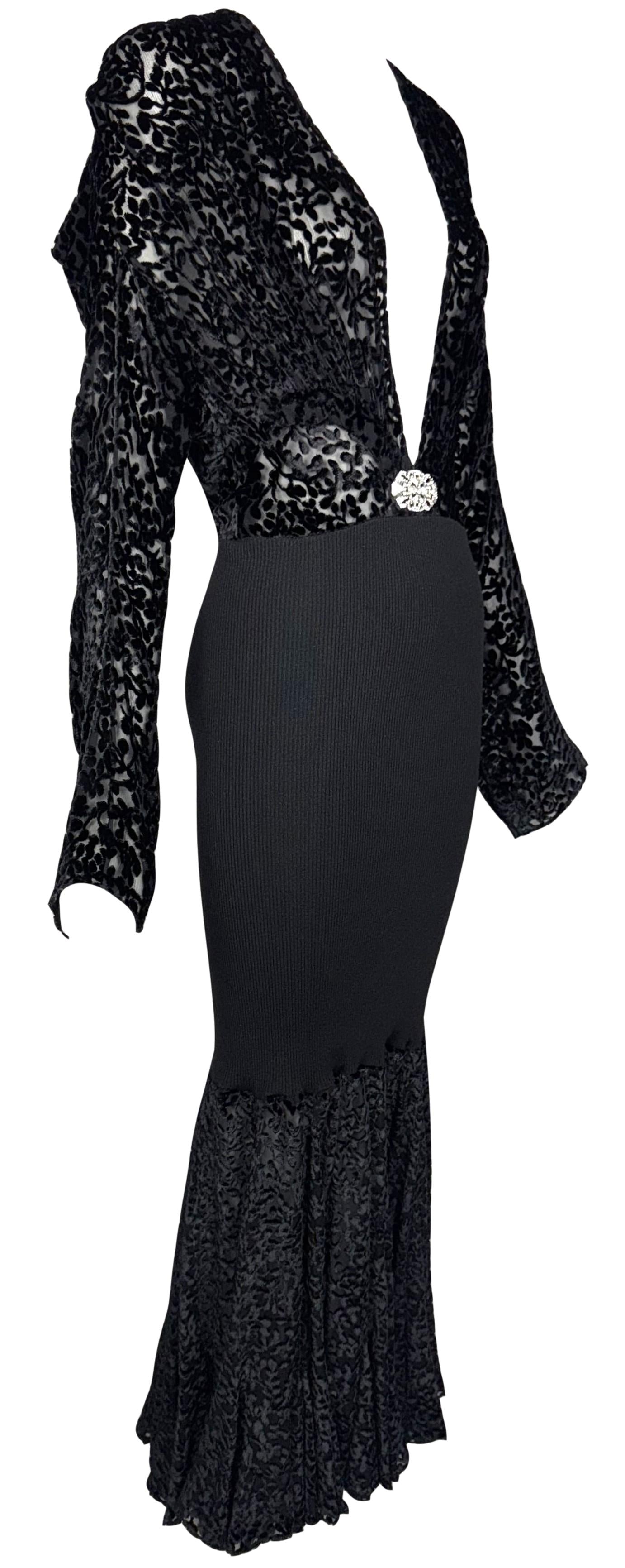 F/W 2002 Christian Dior by John Galliano Runway Plunging Sheer Black Velvet & Knit Bodycon Maxi Dress