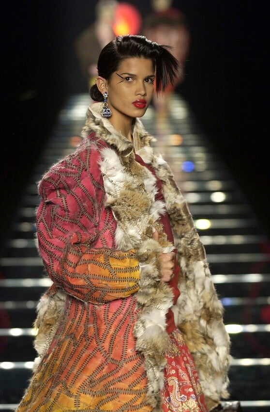 F/W 2002 Christian Dior by John Galliano Runway Hand Made Coyote Fur & Leather Red & Yellow Whipstitch Long Coat Jacket