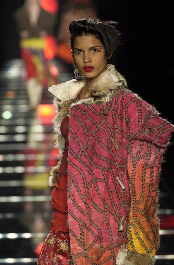 F/W 2002 Christian Dior by John Galliano Runway Hand Made Coyote Fur & Leather Red & Yellow Whipstitch Long Coat Jacket