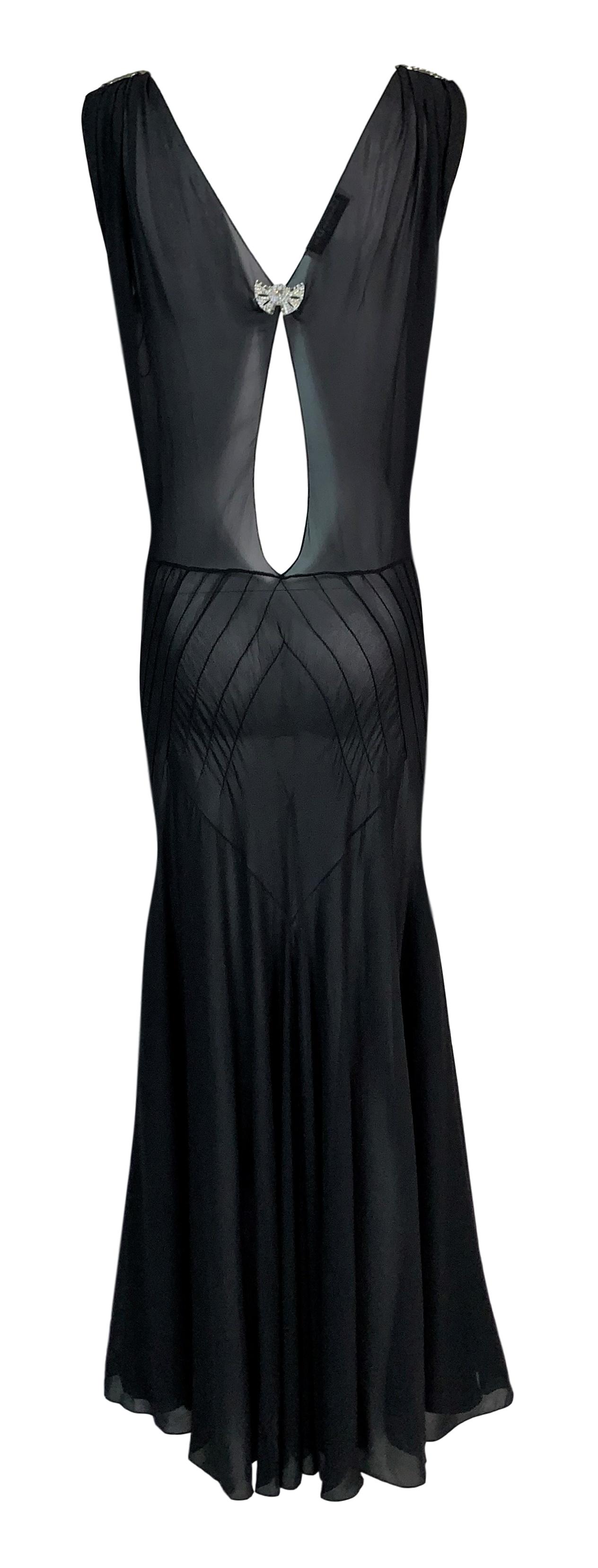 F/W 2002 Christian Dior by John Galliano Runway Plunging 1920's Style Sheer Black Silk Mermaid Maxi Dress