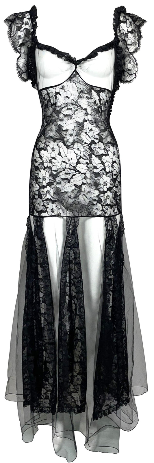 F/W 2002 Christian Dior x John Galliano Sheer Black Tulle & Lace Black Swan Goth Ballerina Maxi Dress