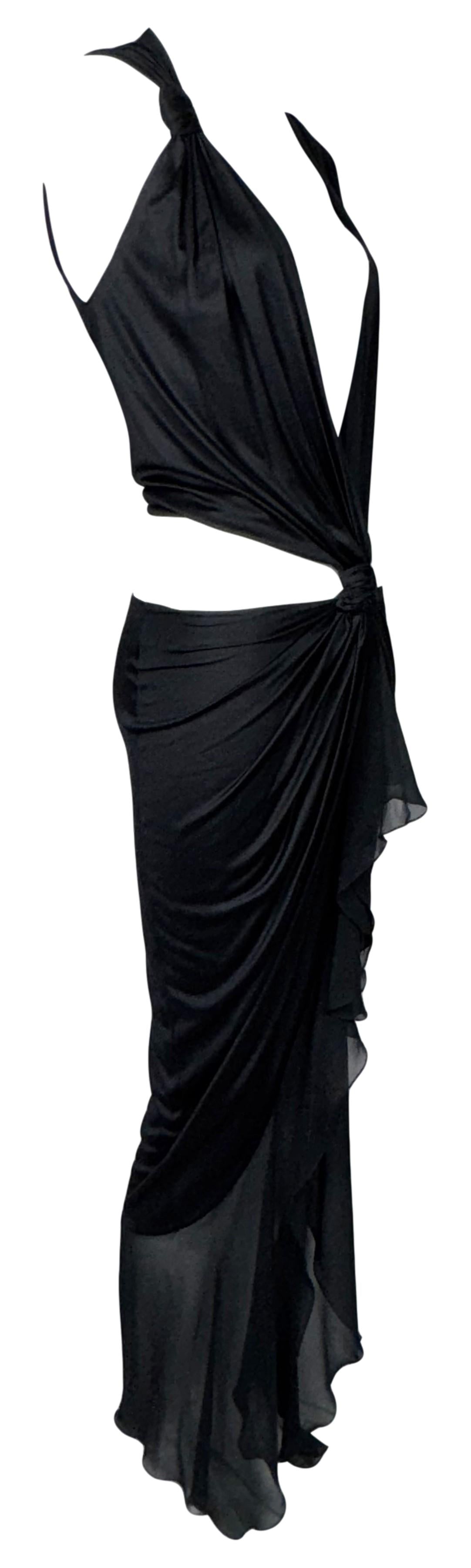 F/W 2002 Emanuel Ungaro Runway Plunging Black Cut-out Ruffle High Slit Maxi Dress