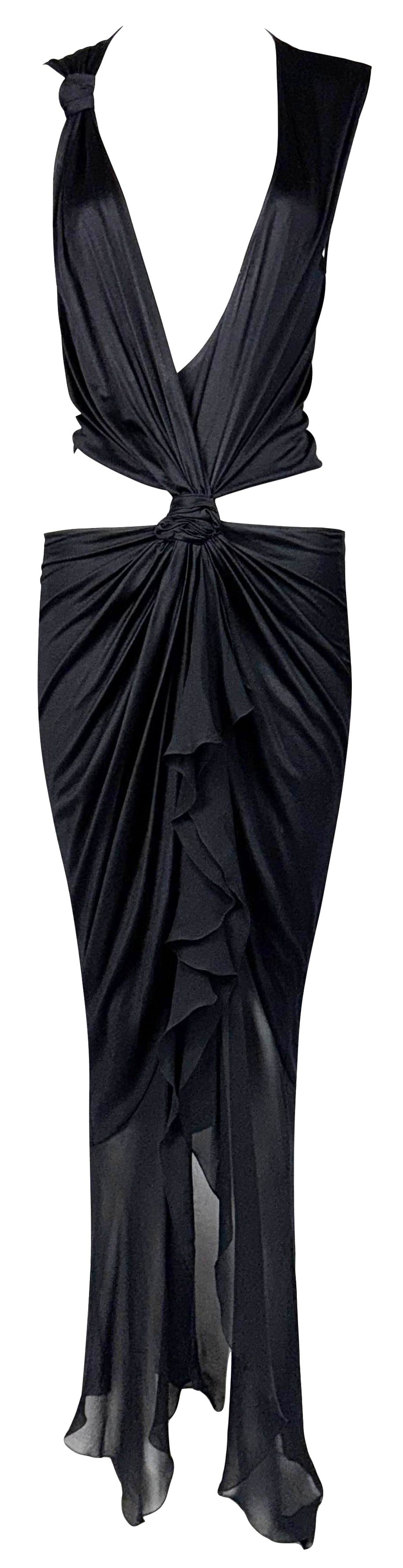 F/W 2002 Emanuel Ungaro Runway Plunging Black Cut-out Ruffle High Slit Maxi Dress