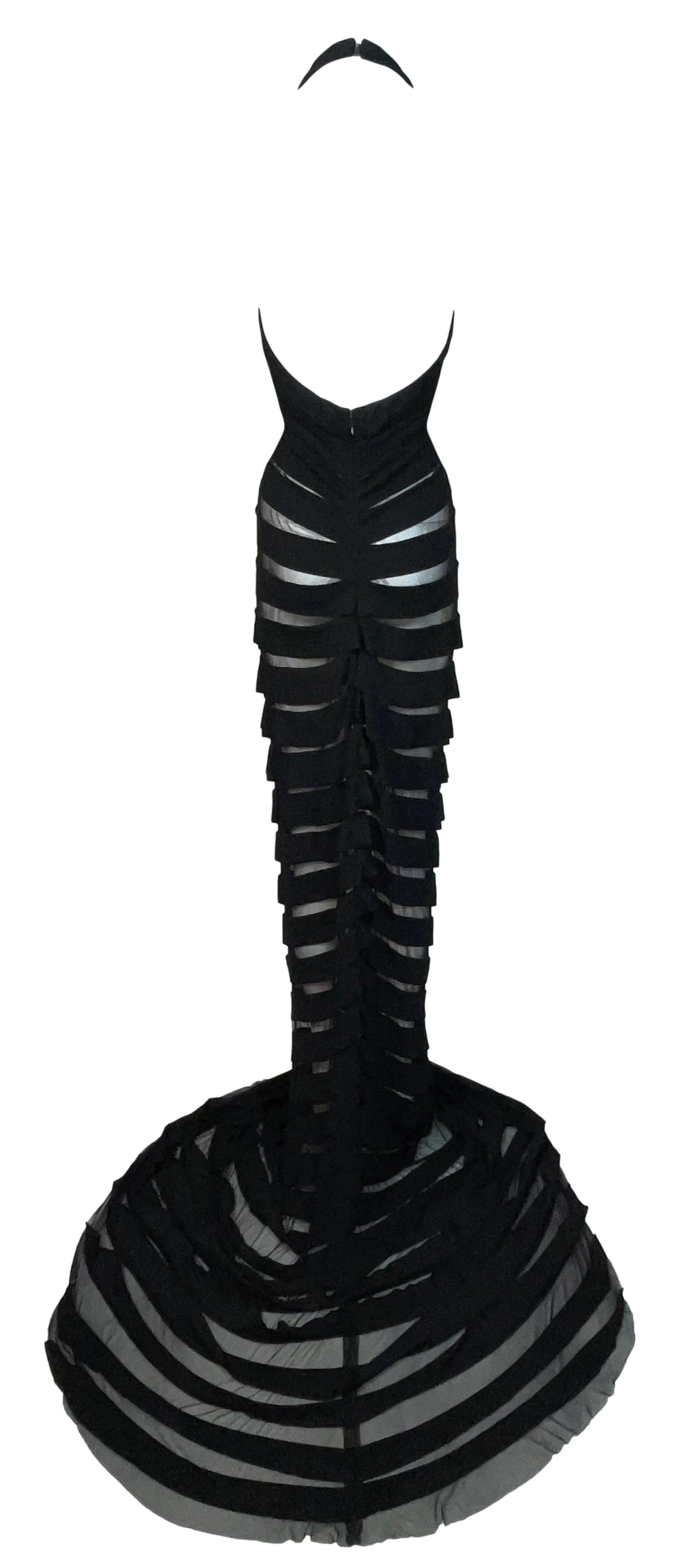 F/W 2002 Gianfranco Ferre Sheer Black Fishnet Extra Long Mermaid Wiggle Gown Dress