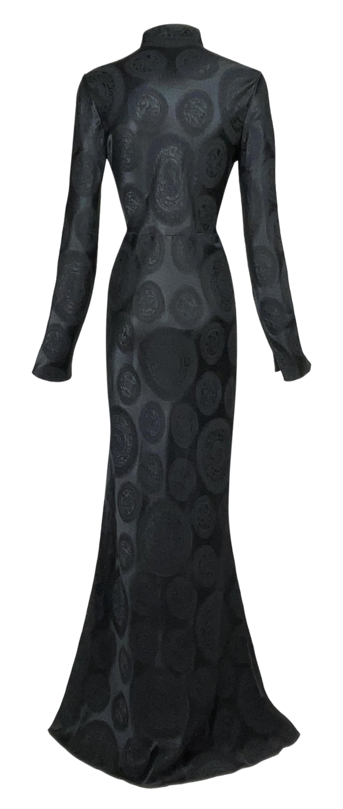 F/W 2002 John Galliano Cheongsam Black Chinoiserie Printed L/S Maxi Mermaid Dress