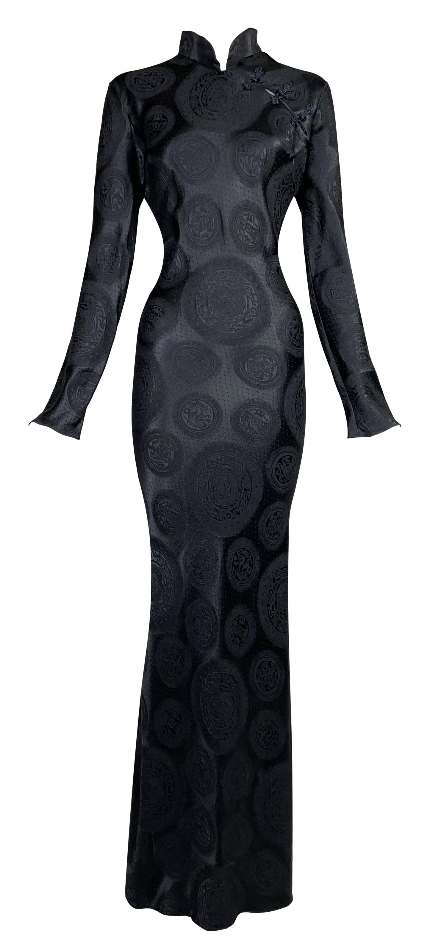 F/W 2002 John Galliano Cheongsam Black Chinoiserie Printed L/S Maxi Mermaid Dress
