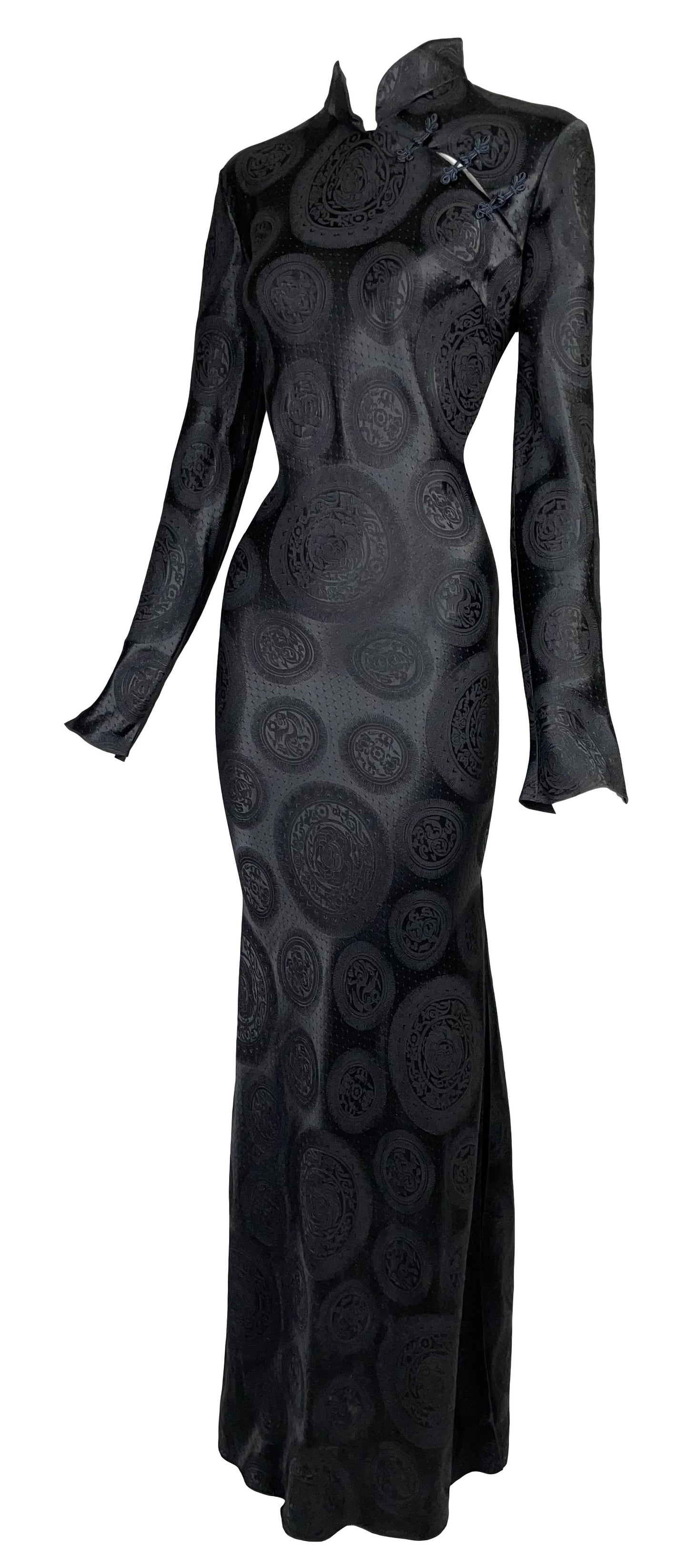 F/W 2002 John Galliano Cheongsam Black Chinoiserie Printed L/S Maxi Mermaid Dress