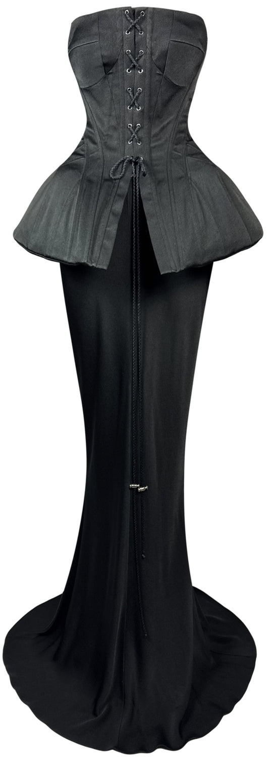 F/W 2002 John Galliano 1940's Old Hollywood Pin-Up Style Black Strapless Padded Corset & Extra Long Maxi Skirt w Train