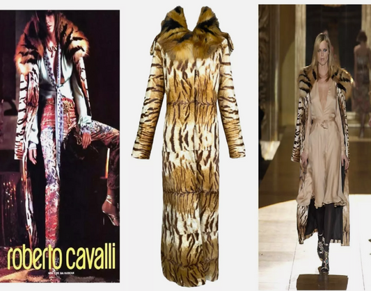 F/W 2002 Roberto Cavalli Runway Tiger Print Pony Fur and Fox Fur Long Coat