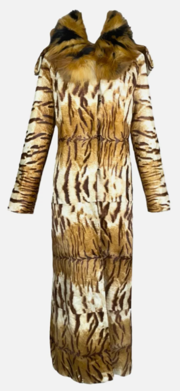 F/W 2002 Roberto Cavalli Runway Tiger Print Pony Fur and Fox Fur Long Coat