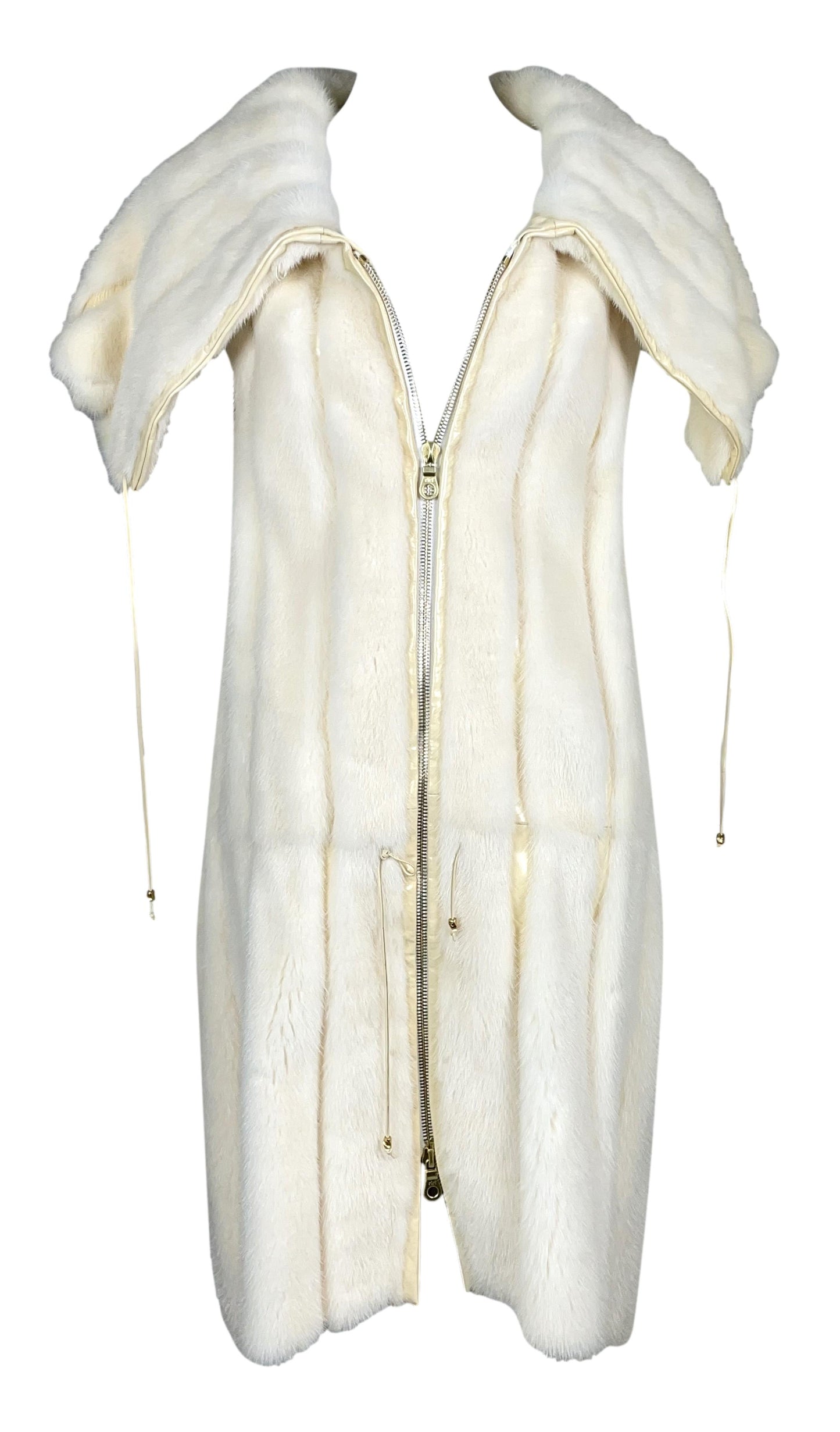 F/W 2002 Roberto Cavalli Runway Ivory Mink Fur High Collar Vest Dress Coat