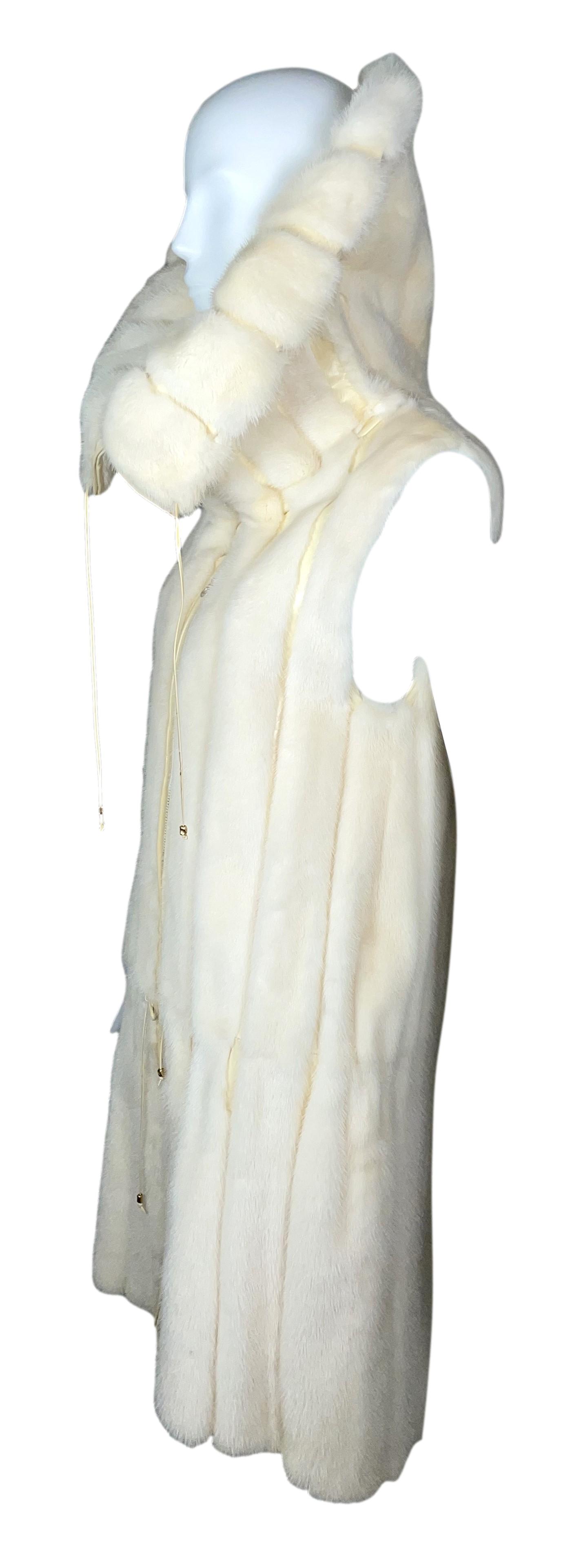 F/W 2002 Roberto Cavalli Runway Ivory Mink Fur High Collar Vest Dress Coat