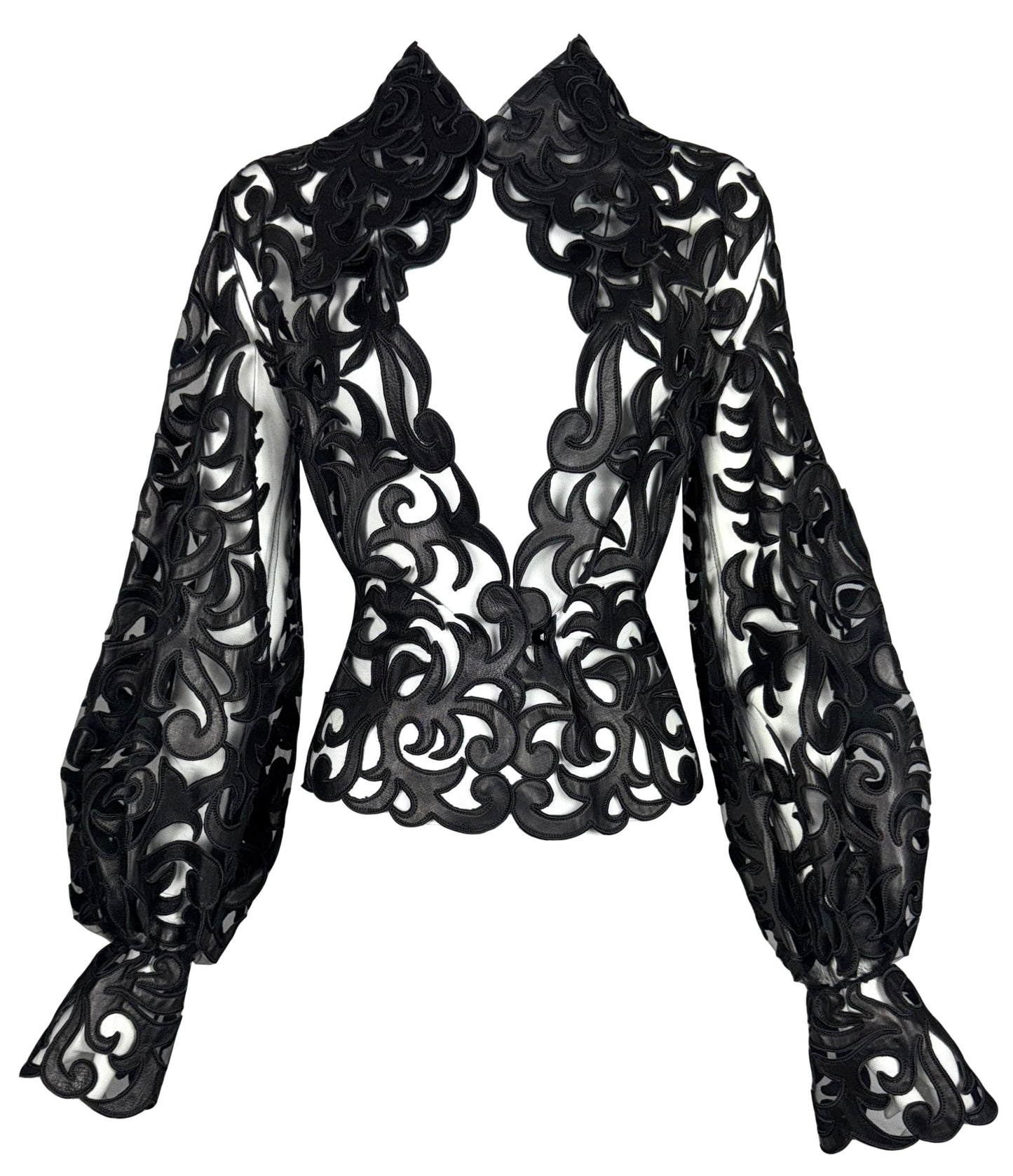 F/W 2002 Valentino Runway Plunging Sheer Black Mesh & Leather Top Jacket