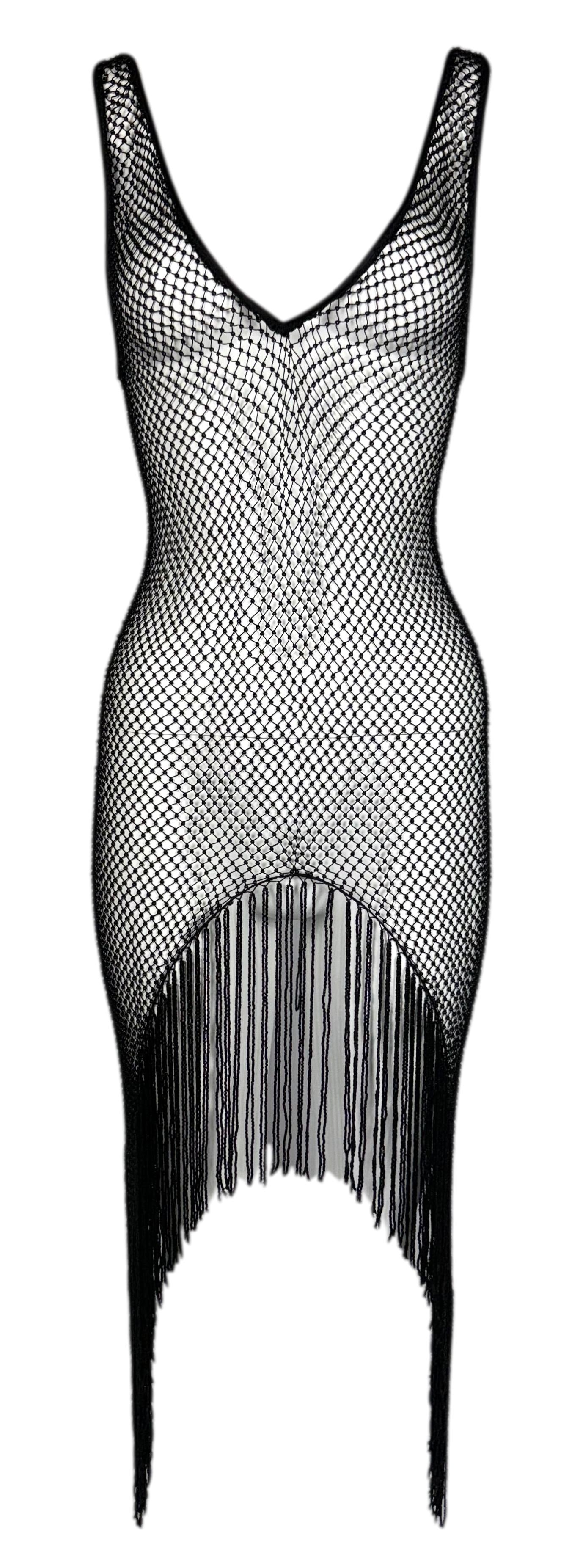 F/W 2002 Gucci by Tom Ford Plunging 20's Flapper Style Beaded Fringe Black Dress 38