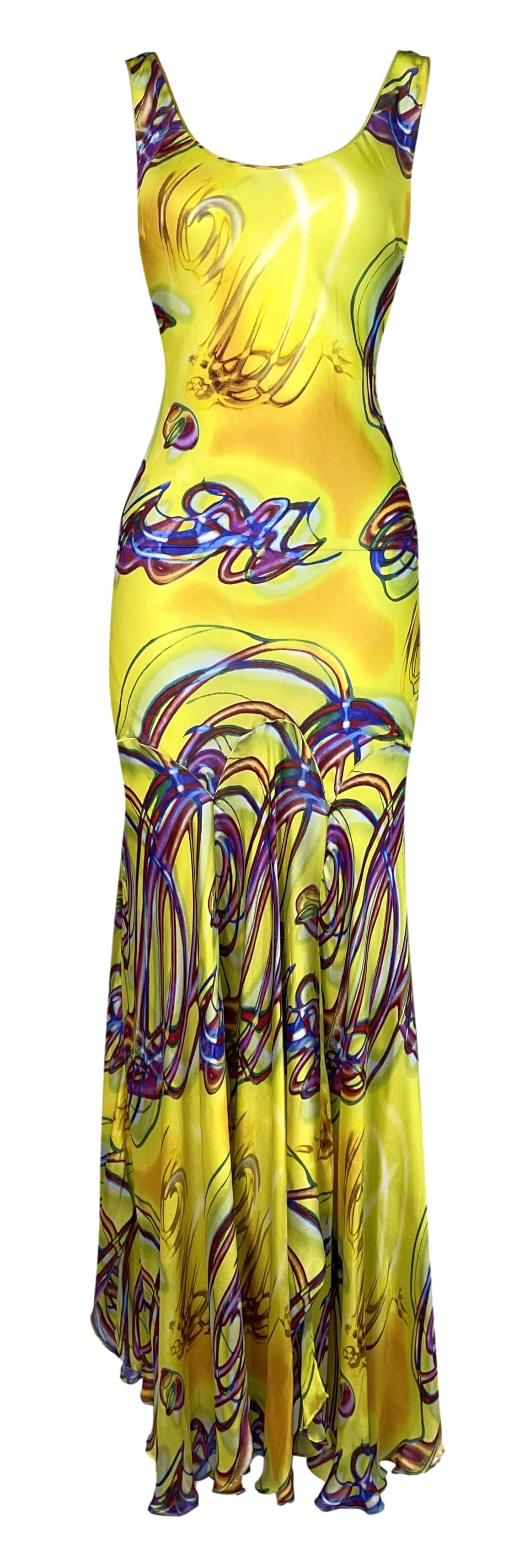 S/S 2002 Christian Dior by John Galliano Neon Yellow Spray Paint Graffiti Silk Maxi Dress