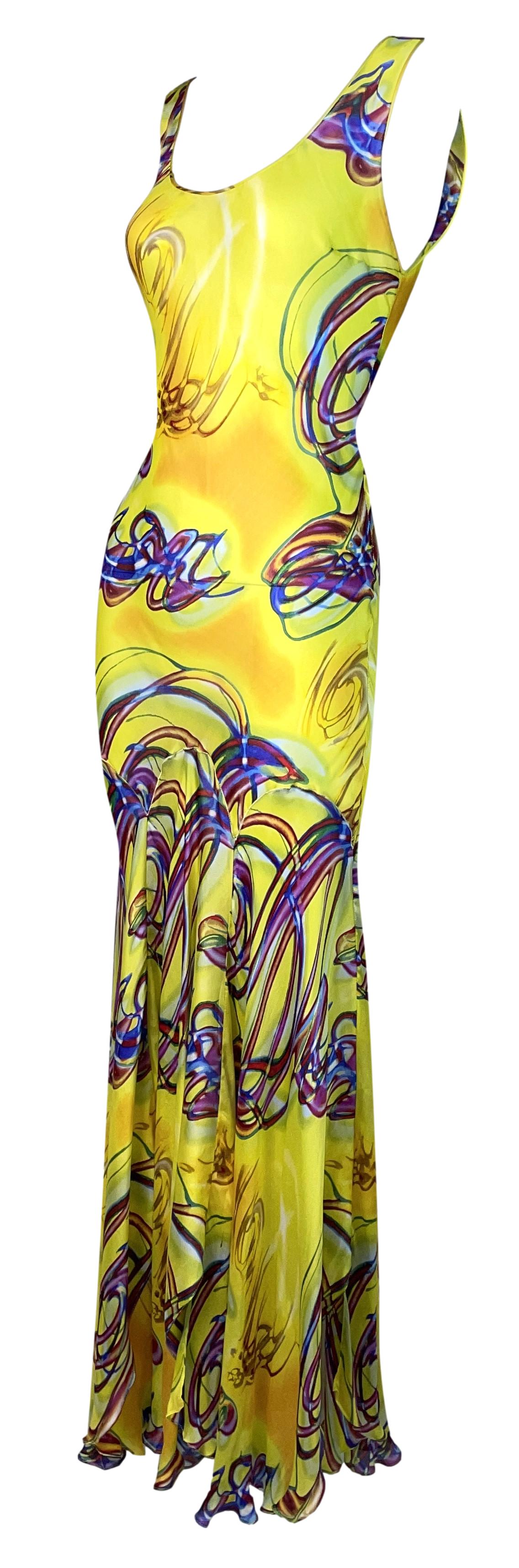 S/S 2002 Christian Dior by John Galliano Neon Yellow Spray Paint Graffiti Silk Maxi Dress