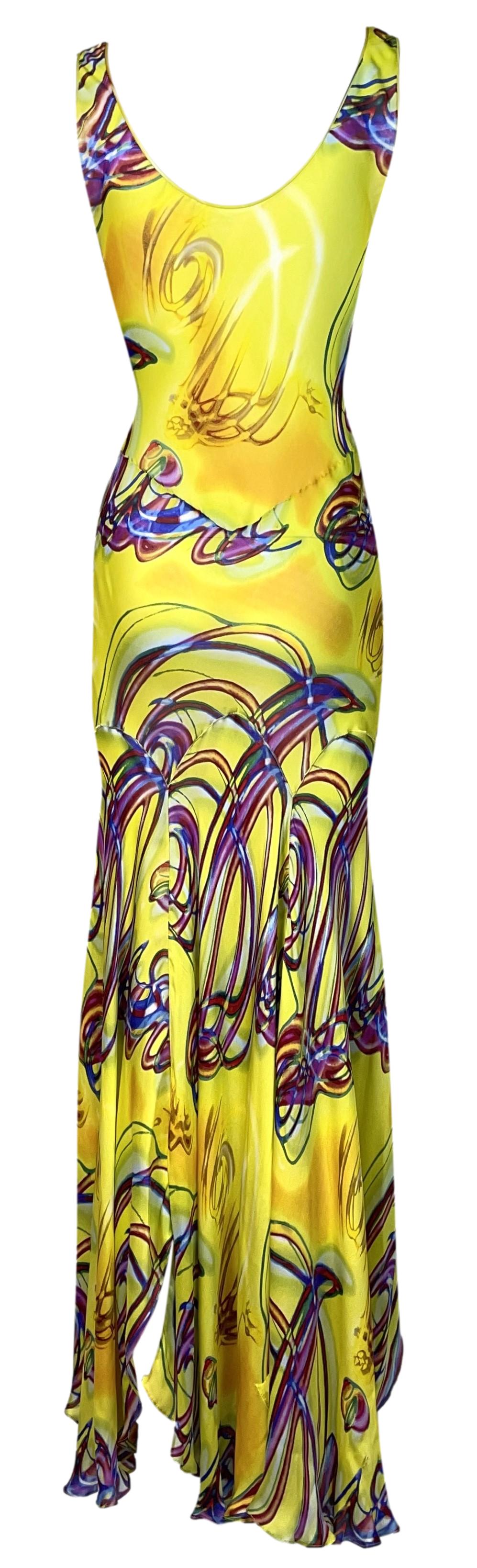 S/S 2002 Christian Dior by John Galliano Neon Yellow Spray Paint Graffiti Silk Maxi Dress