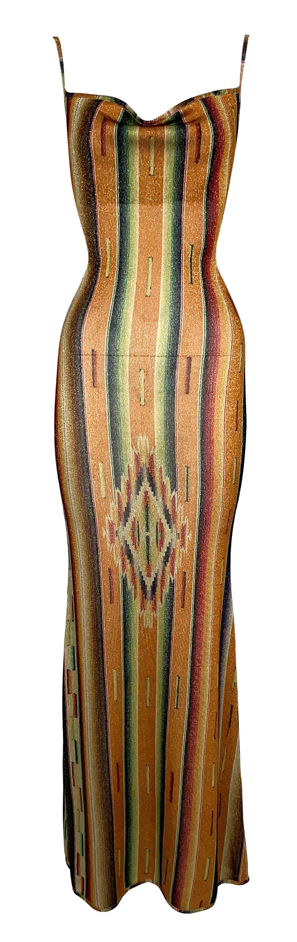 S/S 2002 Christian Dior by John Galliano Western Native American Print Bodycon Maxi Dress
