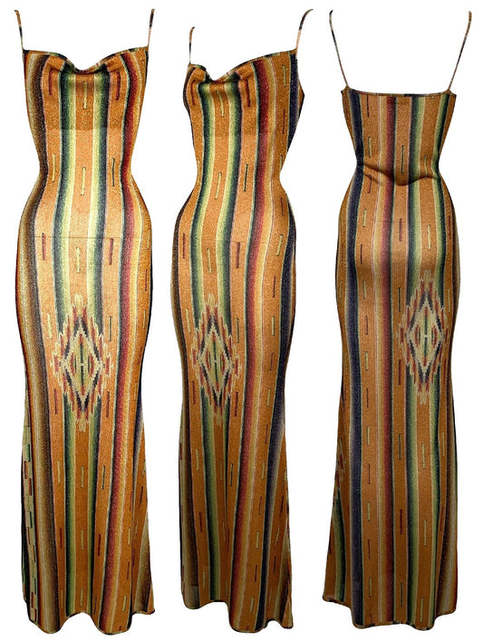 S/S 2002 Christian Dior by John Galliano Western Native American Print Bodycon Maxi Dress